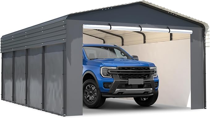 10x15 Ft Carport with Galvanized Steel Roof, Heavy Duty Metal Canopy, Waterproof Outdoor Storage Shed for Car, Boat, Pickup and Tractors