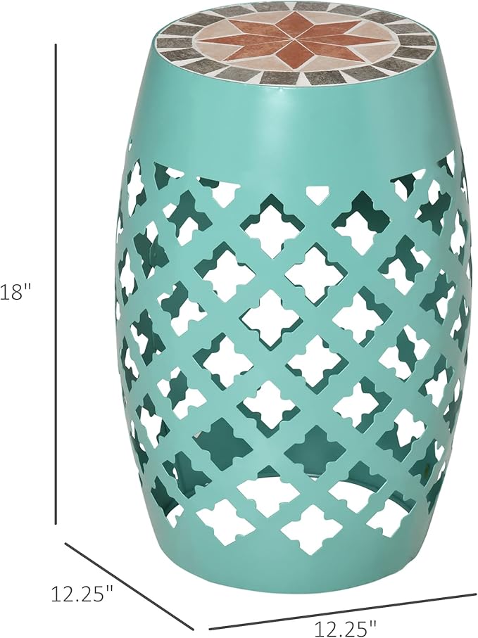 Outsunny 12" Patio Round Side Table, Outdoor Footstool, Garden Mosaic Accent Side Table, Plant Stand, Blue
