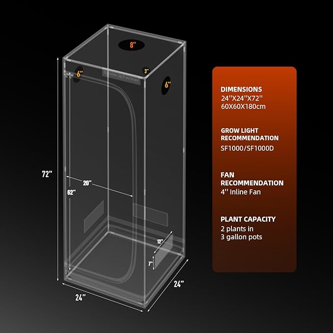 Spider Farmer 2x2x6 Grow Tent Pro-Grade, 24"x24"x72", with Removable Floor Tray, 1680D Thicken Mylar Canvas, 2x2 for Indoor Hydroponic Growing for SF1000, SE1500, G1500