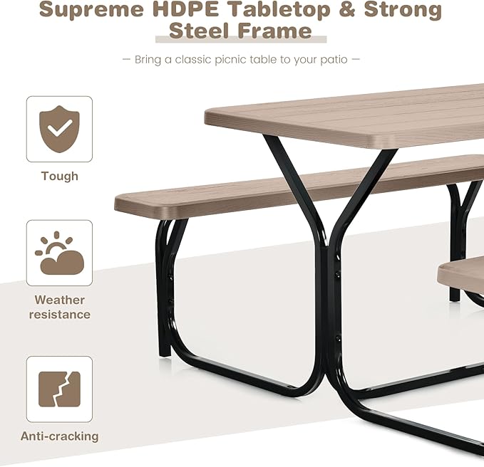 Moccha Picnic Table Bench Set, Portable Plastic Picnic Table w/Steel Frame & Wood-Like Texture, All Weather Heavy Duty Picnic Table Kit, Picnic Tables for Outdoors Garden Patio Dining (Light Brown)