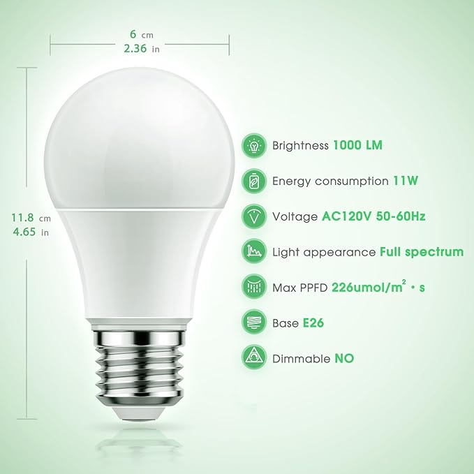 Briignite Grow Light Bulbs, LED Grow Light Bulb A19 Bulb, Full Spectrum Grow Light Bulb, Plant Light Bulbs E26 Base, 11W Grow Bulb 100W Equivalent, Grow Light for Indoor Plants, Seed Starting, 6 Pack