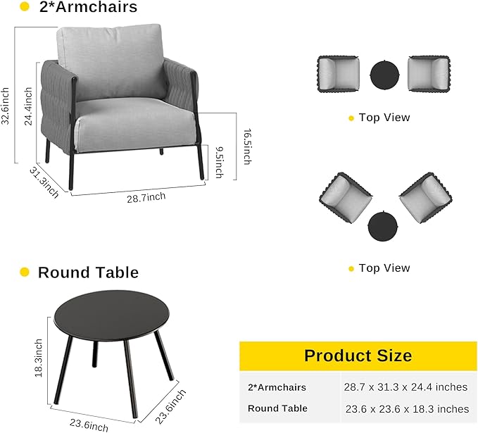 EAST OAK Modern 3 Pieces Patio Conversation Set, Armchairs with Coffee Table, Outdoor Furniture Set with Cushion, Earth Black & Misty Grey