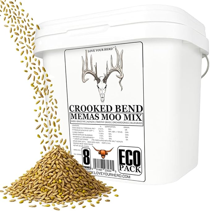 Memas Moo Mix, 8LB EcoPack, Farm Pasture Seed Blend for Horse, Cattle, Pig, Goat, Chicken, Duck, Sheep & Livestock, Grow Alfalfa & Perennial Grasses Fields, Graze Resistant, Cold Tolerant