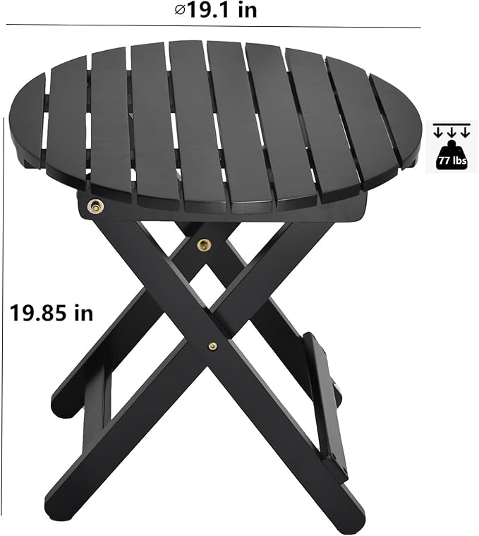 Outdoor Small Round Folding Side Tables, Foldable Wooden End Table for Indoor, Porch, Patio, Camping as Coffee Table or Plant Stand, Black 