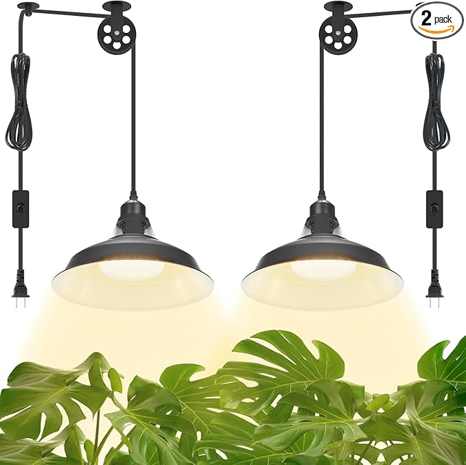 MYSWEETY Hanging Grow Light, Full Spectrum Hanging Plant Lights for Indoor, Vintage Decorative Grow Lights with 16.4FT Power Cord, Plug in Pendant Light with Adjustable Pulley for Plants, Flowers (2)
