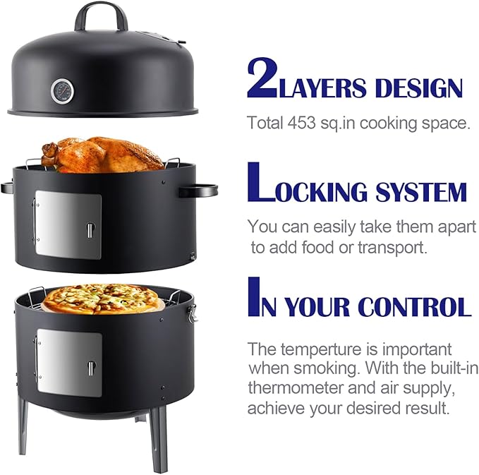 Realcook Charcoal Smoker BBQ Grill: Premium Vertical Meat Smokers with Smoke Tube - Barbecue Charcoal Grill Combo for Outdoor Cooking Patio Backyard Grilling Tailgating