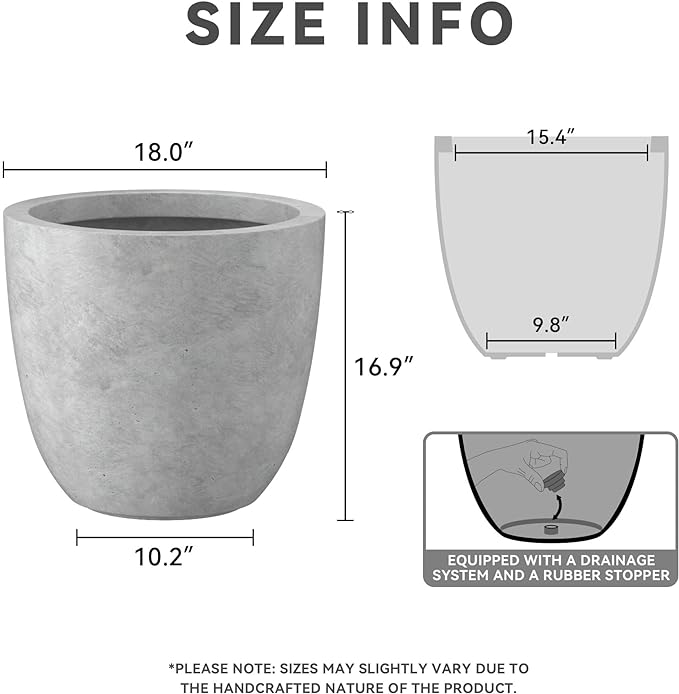 Kante 18 Inch Dia Round Concrete Planter, Indoor Outdoor Large Plant Pot with Drainage Hole and Rubber Plug for Home Patio Garden, Natural Concrete