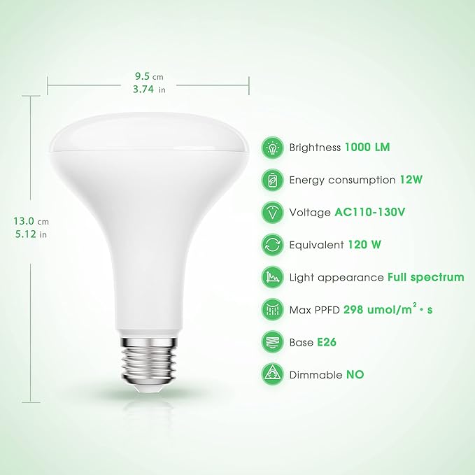 Briignite 4 Pack LED Grow Light Bulb, BR30 Grow Light Bulbs, Full Spectrum Grow Light Bulb 12W, 120W Equivalent, E26 Plant Light Bulbs, Grow Light for Indoor Plants, Seedlings, Greenhouse