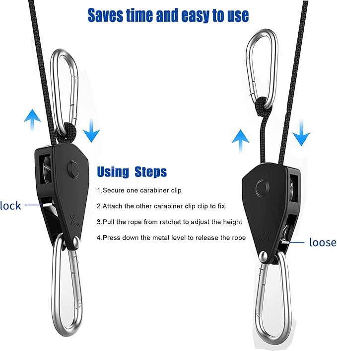 Grow Light Rope Hanger ,1/8" 8-Feet Long Heavy Duty Adjustable Rope Clip Hanger, Adjustable Rope Ratchet Hangers 150 Lbs per Pair (12 Pairs)