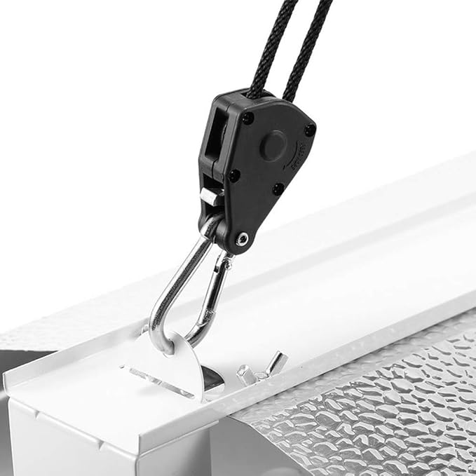 8 Pairs 1/8 Inch Adjustable Heavy Duty Ratchet Hanger Grow Light Fixtures Rope Clip Hangers Hanging Ropes for Gardening Grow Plant Fan Reflectors Filter Tent,150lbs Weight Capacity