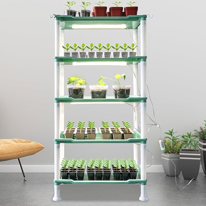 5-Tier Seed Stand with 5 Trays, Seed Starting Rack Propagation Rack Kit for Stackable Seedling Tray Seedling Staging Table for Indoor Outdoor Growing(Green)