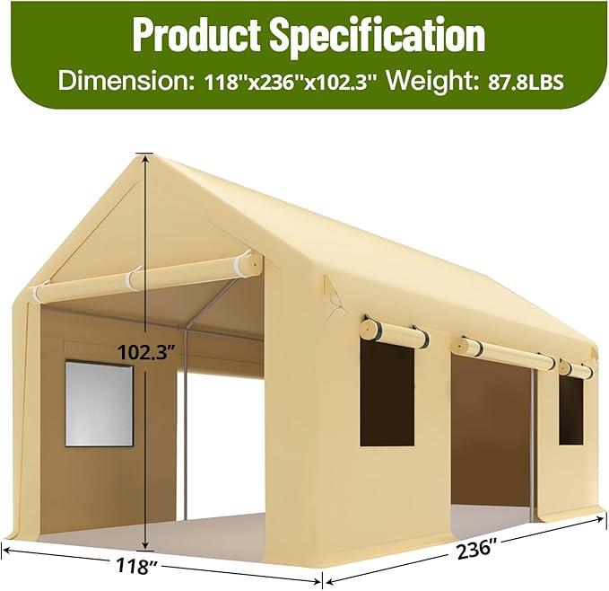 10 X 20FT Heavy Duty Carport, Portable Garage with Roll-Up Windows,Removable Sidewalls & Doors, Outdoor Tent Garage for Car,Truck,Boat
