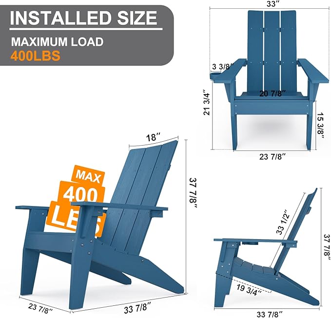 MXIMU Modern Adirondack Chairs Set of 4 Weather Resistant with Cup Holder Oversize Plastic Fire Pit Chairs Plastic Outdoor Chairs for Firepit Area Seating (Navy)