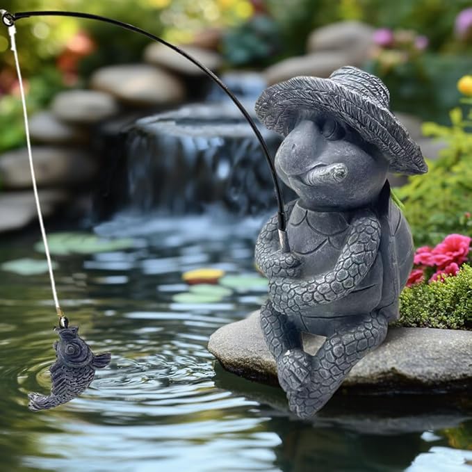 Tortoise Fishing Statue Garden Decor,9.8" Weatherproof Resin Tortoise Fishing Sculpture Decor for Fish Ponds, Koi Ponds, Waterfalls, Poolside Outdoor Gardens Resin Figurine for Indoor Outdoor Décor
