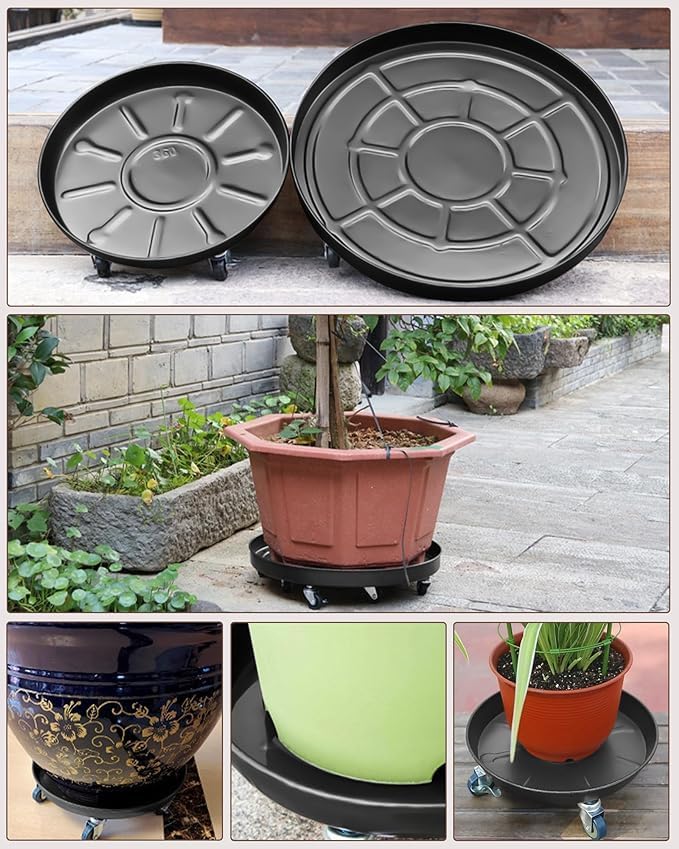Heavy-Duty Plant Caddy with Wheels 16 Inch, 360° Lockable Caster,Outdoor Rolling Plant Dolly That is Not Easily Rusted, Indoor Metal Plant Cart with Rollers, Plant Pot Trolley, Black 2Pack