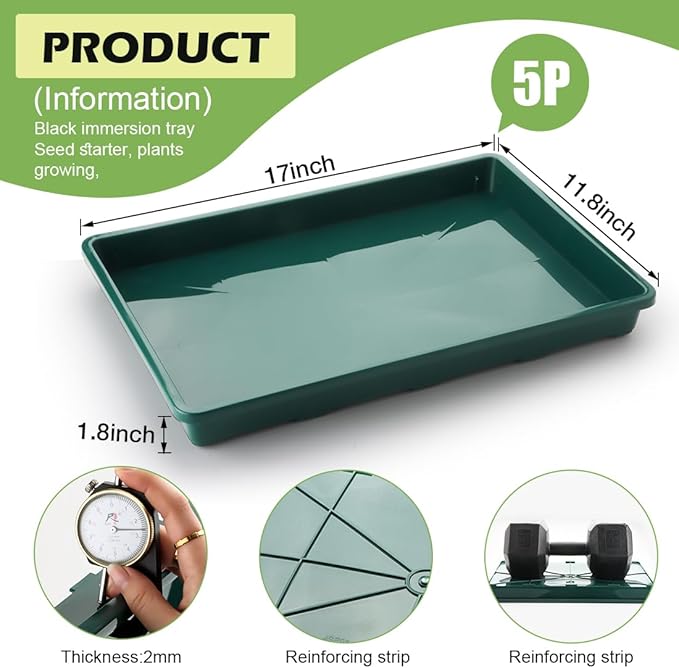 5 Pack Seed Starter Trays (17"x11"x2"), Plastic Flat Nursery Pots Trays, Durable Carrying Seedling Starter Tray, Reusable Tray for Planting and Collecting Drainage Water (Green)