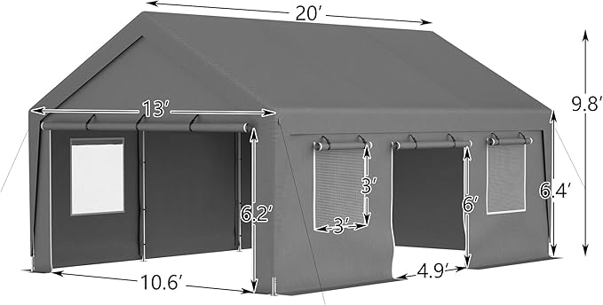 Carport 13x20ft Portable Garage Car Canopy Heavy Duty Car Port with Mesh Windows and Removable Sidewalls UV Resistant Waterproof All-Season Tarp for SUV,Boat,Car, Truck Gray