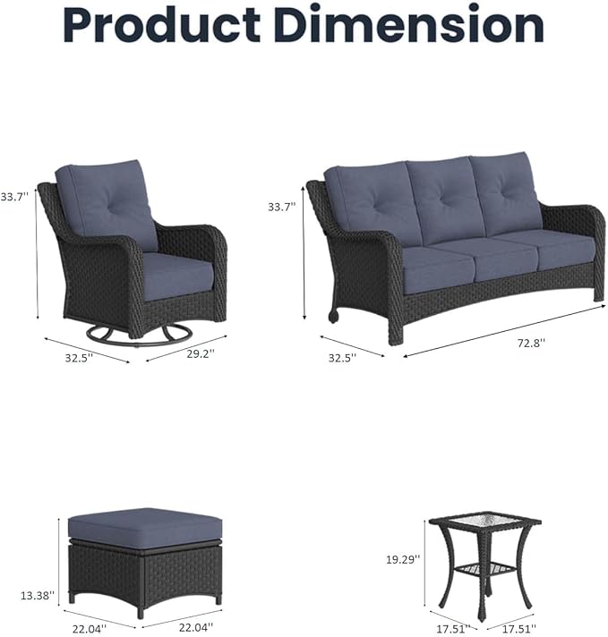 7 Pieces Outdoor Patio Furniture Sets with Rocking Swivel Chairs with 6-inch Thick Cushion and Side Table for Deck Lawn