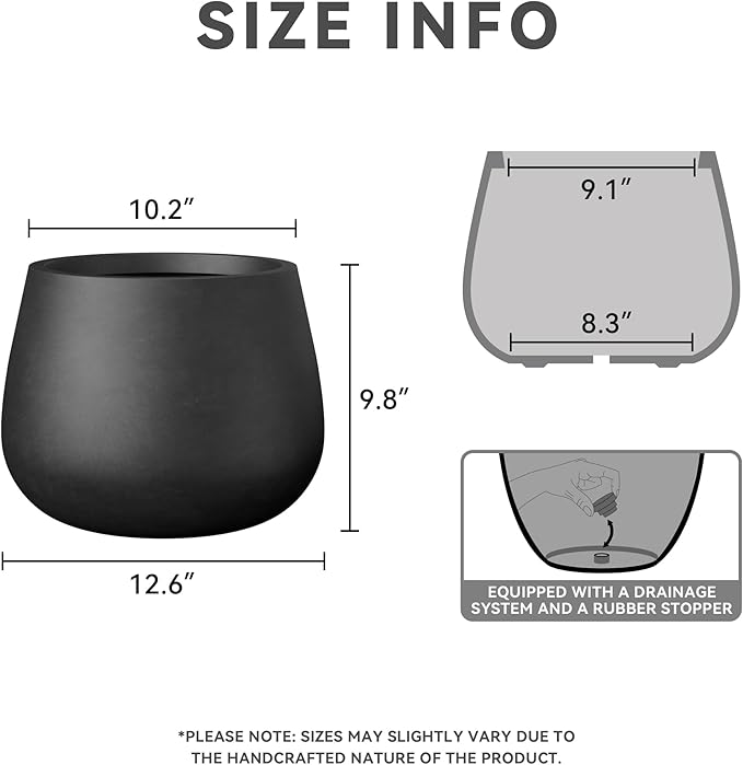 Kante Curva Series Planter, 10.2 Inch Round Concrete Flower Pot with Draiange Hole and Rubber Plug, Suitable for Indoor Plants, Home, Garden, Patio, Black