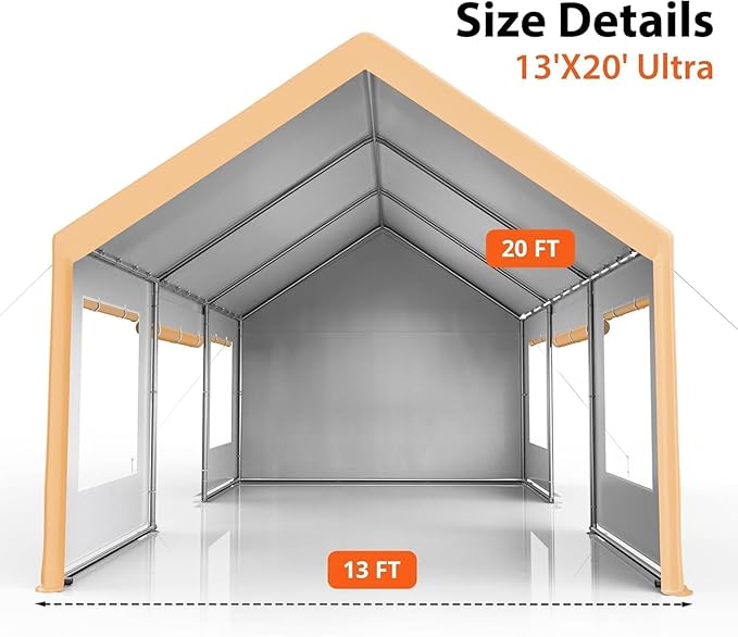 Garvee 13x20 Heavy Duty Carport Canopy, Galvanized Steel Frame Car Port with Waterproof PE Tarp, 4 Doors & 4 Windows, All Weather Portable Garage for Car Boat Truck, Yellow