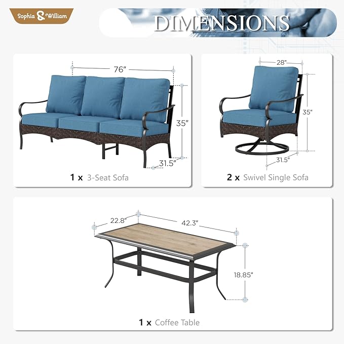 Sophia & William Patio Furniture Set, 4 Piece Metal Outdoor Conversation Set with 3-Seater Outdoor Couch, 2 Swivel Chairs, 1 Coffee Table for Outdoor Seating, Backyard, Porch(Navy Blue)