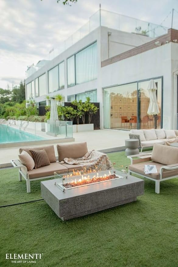 Elementi | Bundle Hampton Gas Fire Pit Cast Concrete 56" Rectangular Fire Table, Outdoor Fire Pit Electronic Ignition | Canvas Cover, Lava Rock Included | Light Gray (Propane Gas)