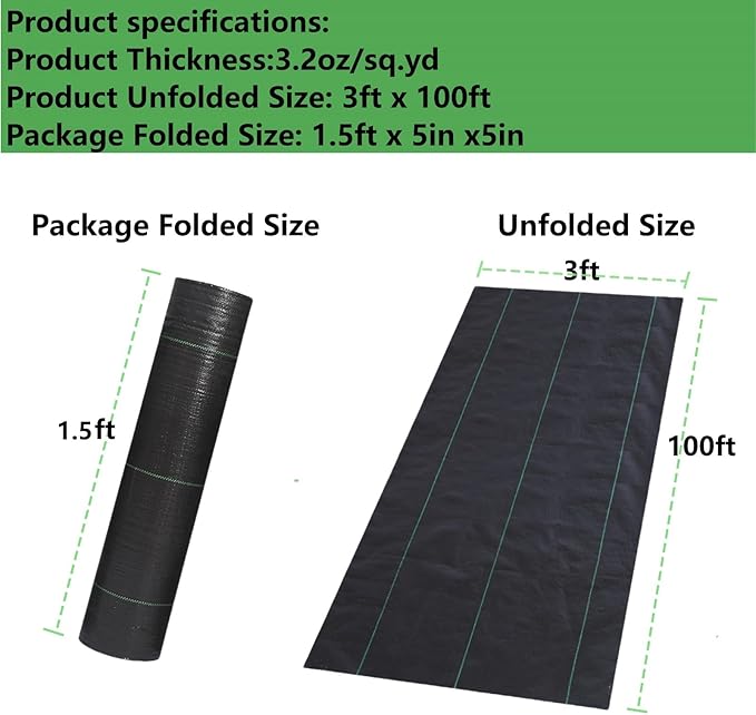 3ftx100ft Weed Barrier Landscape Fabric Heavy Duty, Weed Gardening Ground Cover Mat, Weed Control Garden Cloth, Woven Geotextile Fabric for Underlayment, Commercial Driveway Fabric, Black