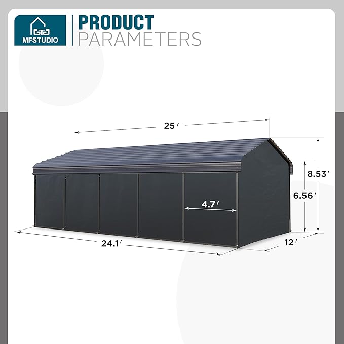 MFSTUDIO Carport 12x25 ft, Outdoor Heavy Duty Carports with Sidewalls, Metal Shed Canopy Shelters Garage Shelter Shade Car Ports with Galvanized Roof for Cars, Truck and Boats 