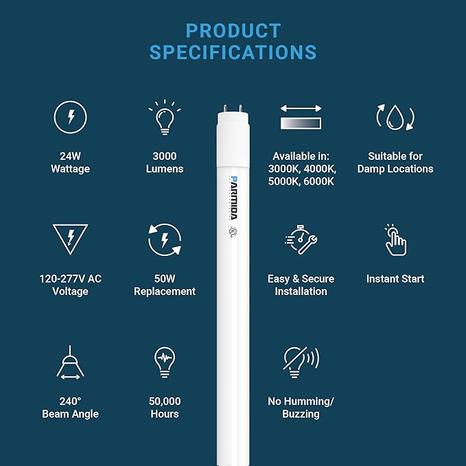 PARMIDA 20-Pack 4FT LED T8 Ballast Bypass Type B Light Tube, 24W, UL-Listed for Single-Ended & Dual-Ended Connection, 3000lm, Frosted Lens, T8 T10 T12, UL - 5000K