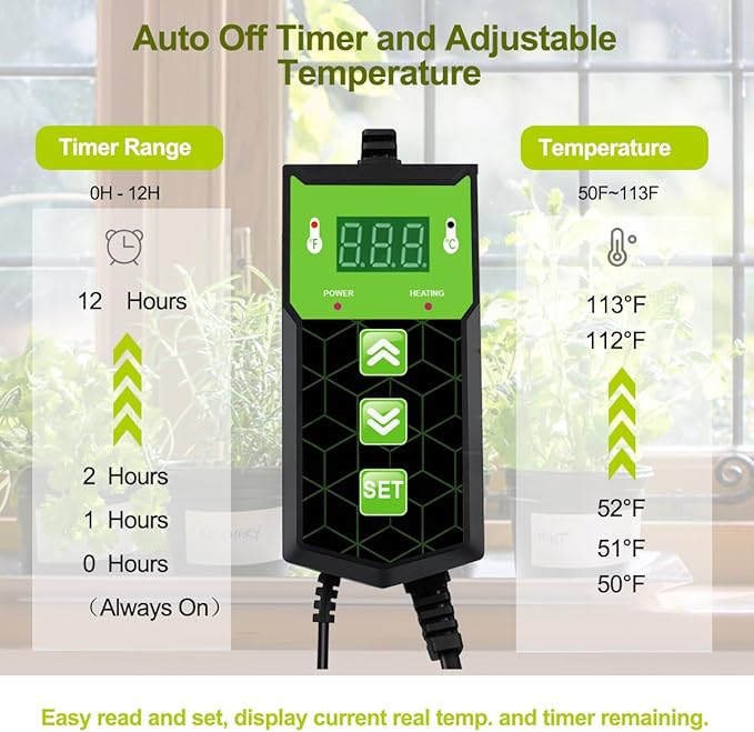 Seedling Heat Mat 10X20.75`` with Thermostat Durable Waterproof Warm Hydroponic Plant Heating Pad Temperature Controller Auto Off Timer for Seed Starting Germination Plant Propagation (2 Heat Pad)