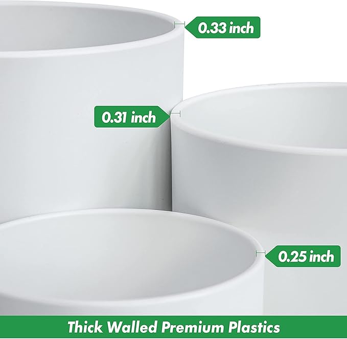 D'vine Dev 8 Inch 10 Inch 12 Inch, Set of 3 Plastic Planter Pots for Plants with Drainage Hole and Seamless Saucers, White Color, X-Large, 74-V-A-5