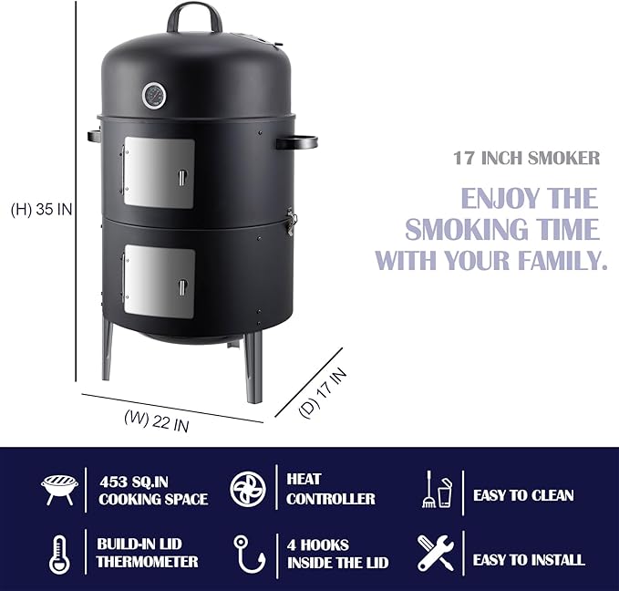 Realcook Charcoal Smoker BBQ Grill: Premium Vertical Meat Smokers with Smoke Tube - Barbecue Charcoal Grill Combo for Outdoor Cooking Patio Backyard Grilling Tailgating