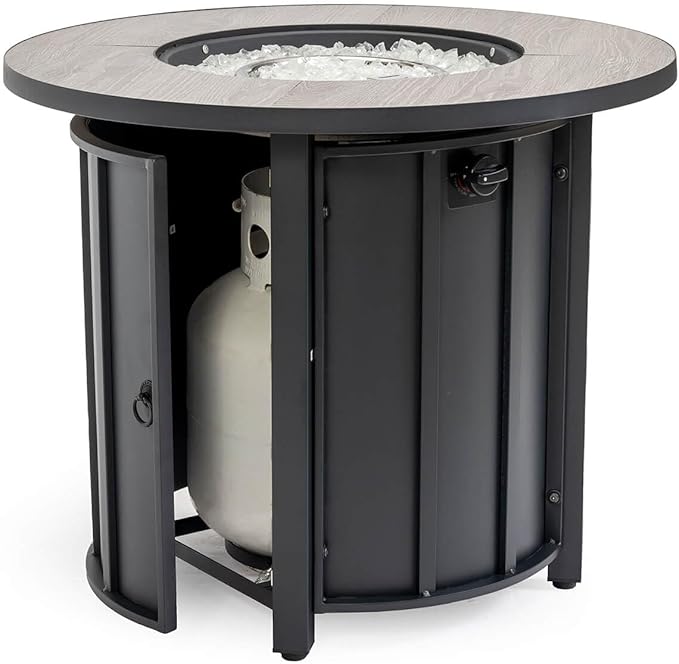 30'' Concrete Round Gas Fire Pit, 50,000 BTU Steel Outdoor Fire Tables, Fire Table with Lid, Add Warmth & Ambience to Gatherings and Parties On Patio Deck Garden Backyard,White Glass Stone.