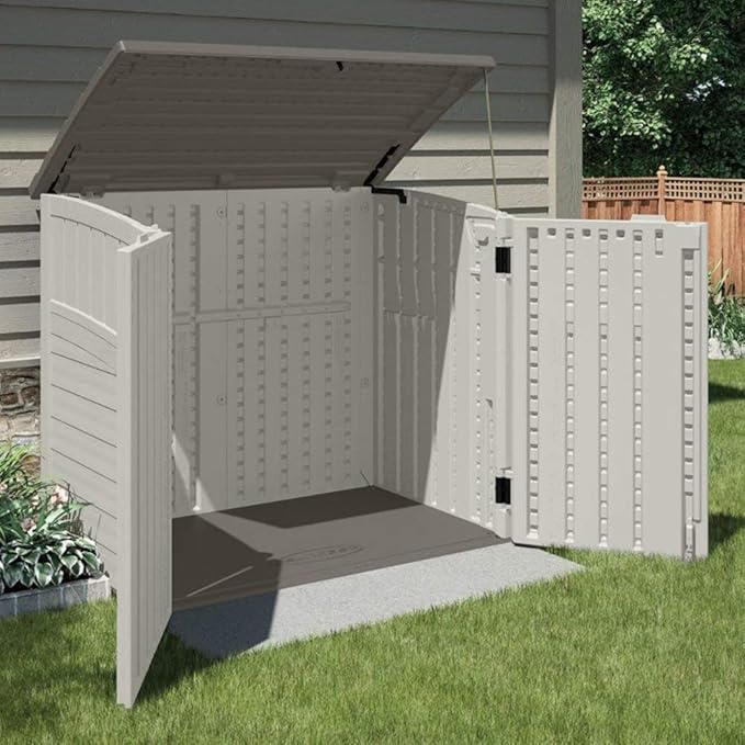 Suncast 4 Pack 34 Cu Ft Capacity Horizontal Outdoor Storage Shed for Garbage Cans, Garden Accessories, Backyard, and Patio Use, Vanilla