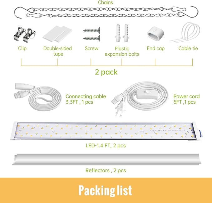 LED Grow Lights 1.4FT for Indoor Plants Full Spectrum, 660nm Hanging Grow Light 3600K, Led Plant Grow Lights for Indoor Plants, Grow Lamp with Reflectors 36W(2×18W), 2 Pack