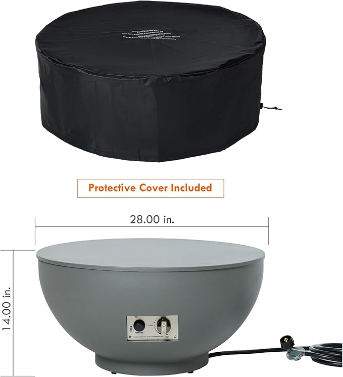 28-Inch Propane Fire Pit with Natural Gas Conversion Kit, 50,000 BTU Round Gas Fire Pit Table, Outdoor Fire Bowl Firepit with Lid, Lava Rocks, Cover, Pre-Attached 10FT Propane Hose, Gray