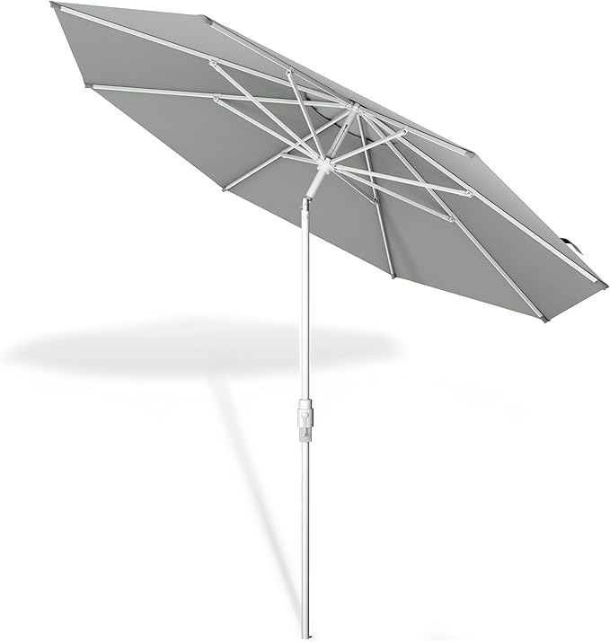 Midtown Umbrellas The Swilt 8 Feet Patio Umbrella in Terylast Matter (Grey) Polyester Fabric - Fiberglass Ribs, Auto-Tilt Aluminum Frame For Backyard, Deck, Garden, Pool - White Pole