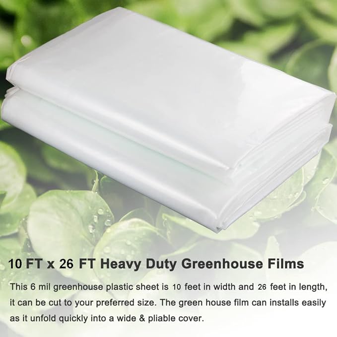 Yowlieu 10' x 26' Clear Greenhouse Plastic Sheeting, 6 Mil UV Resistant Polyethylene Greenhouse Film Hoop Green House Plastic Cover for Farms, Agriculture, Garden