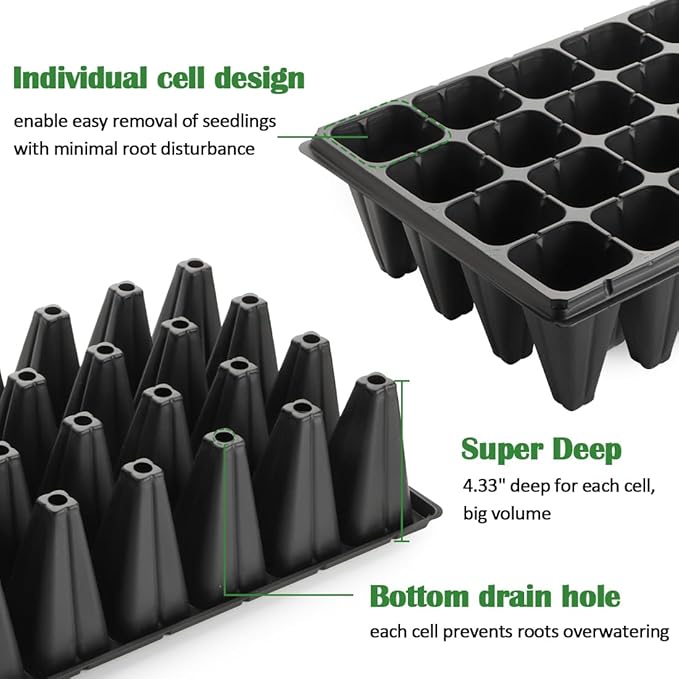 10 Pack 32 Cell Seed Starter Trays - Extra Deep 4.33" Plastic Nursery Trays, 20" x 10",Fits Standard 1020 Flats