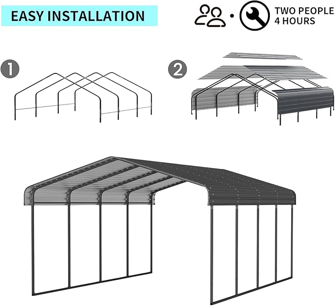 12x20 FT Metal Carport, Heavy Duty Car Port Canopy with Galvanized Steel Roof & Frame, Large Metal Carport Kit, Outdoor Car Garage, Steel Car Shelter for Car, Boat, Truck, Black