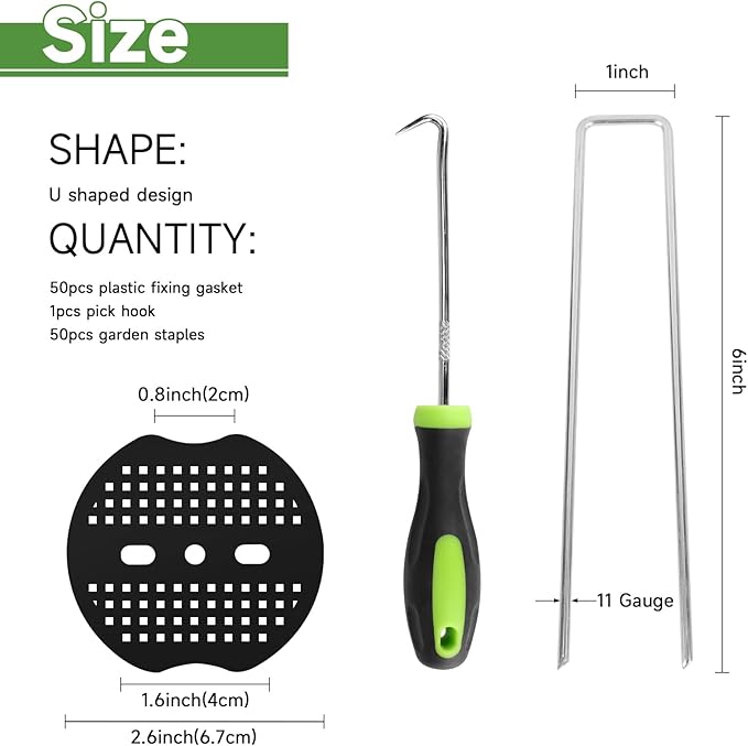 Garden Stakes,6 Inch 11 Gauge 50pcs Galvanized Landscape Staples + 50pcs Gaskets + 1Pick Hook,Tent Stakes Landscaping Fabric SOD Pins for Weed Fabric Barrier,Groud Cover,Fence