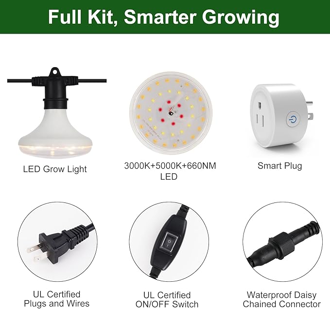 Outdoor Grow Lights Waterproof, Full Spectrum String Grow Light with 22FT Light String Cord for Seedling, Veg, Flower in Greenhouse, Garden, Backyard, Farm (6 Lights, with Smart Plug)