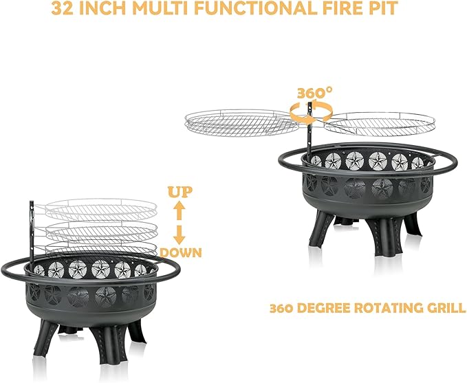 32 Inch Fire Pit with Swivel Cooking Grate,3-in-1 Wood Burning Firepit with Grill,Outdoor Fire Pits Table with Metal Lid and Poker for Outside Patio Backyard BBQ Bonfire Camping (32 Inch)