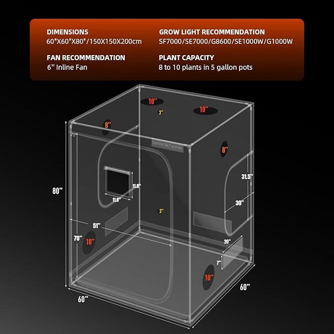 Spider Farmer 5x5 Grow Tent Pro-Grade, 60"x60"x80", with Observation Window and Floor Tray, 1680D Thicken Mylar Canvas, 5x5x6.6 for Indoor Hydroponic Growing for SF7000, SE7000, G7000
