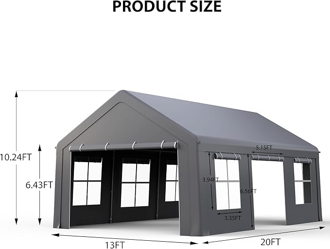 GAOMON 13x20 ft Heavy Duty Carport, Portable Garage with 3 Doors & 5 Ventilated Windows, Waterproof Car Canopy Outdoor Shed with Removable Sidewalls for Pickup Truck Boat, Grey