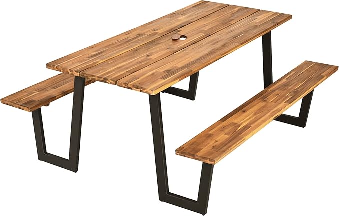 Tangkula Wooden Picnic Table, Outdoor Acacia Wood Picnic Table with 2 Built-in Benches, Umbrella Hole, Steel Frame, Outside Table and Bench Set for Garden, Backyard, Porch, Patio