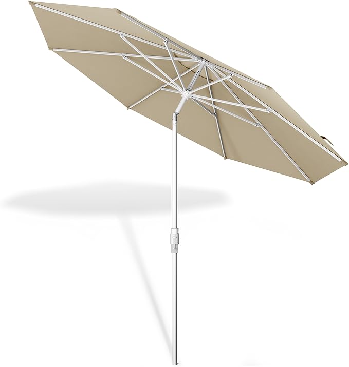 Midtown Umbrellas The Swilt 9 Feet Patio Umbrella in Terylast Chestnut (Beige) Polyester Fabric - Fiberglass Ribs, Auto-Tilt Aluminum Frame For Backyard, Deck, Garden, Pool - White Pole