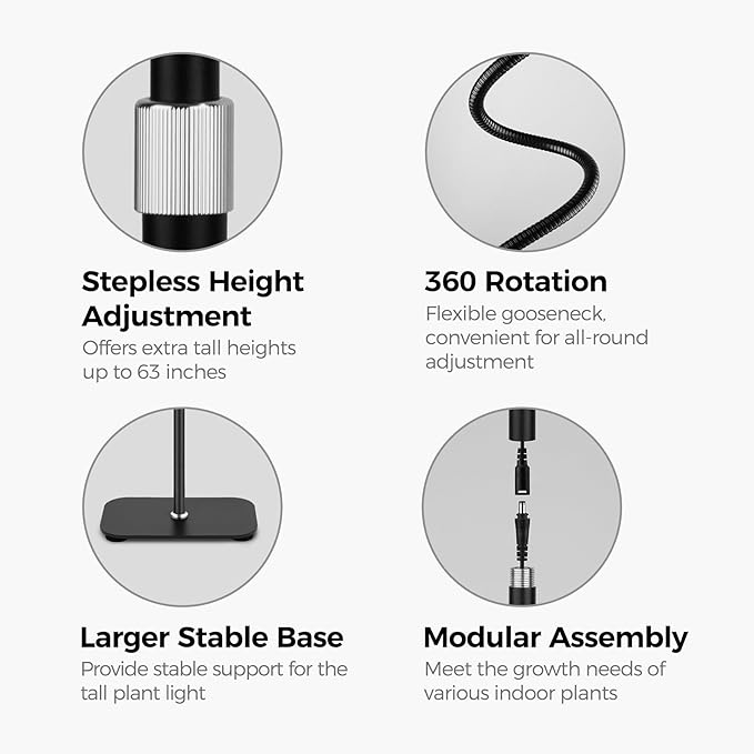 Indoor Plant Grow Light, 20W Full Spectrum Growing Warm Lights, Auto Cycle Timer, 63in Telescopic Height Adjustable Floor Stand, 10-Level Dimmable,Large Tall Small Plants LED Growth Lamp