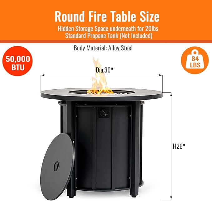 30'' Concrete Round Gas Fire Pit, 50,000 BTU Steel Outdoor Fire Tables, Fire Table with Lid, Add Warmth & Ambience to Gatherings and Parties On Patio Deck Garden Backyard,White Glass Stone.