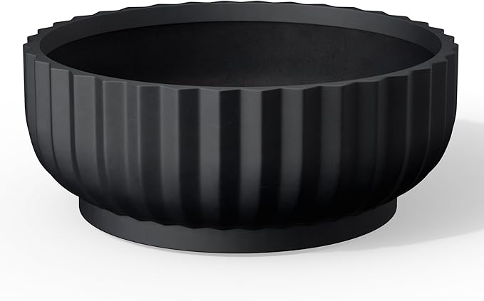 Kante Round Fulted Bowl Planter, 20.9 Inch Dia Large Concrete Flower Pots with Drainage Hole and Rubber Plug, Suitable for for Indoor Outdoor Plants, Home, Patio, Garden, Black